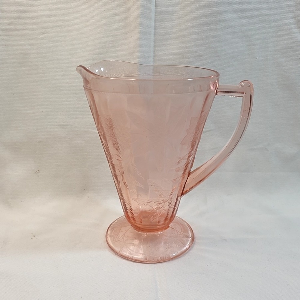 VINTAGE PINK DEPRESSION GLASS PITCHER JEANETTE POINSETTIA FLORAL COTTAGECORE